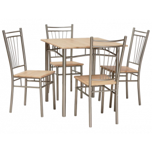 Kuhinjska garnitura sestavljena iz mize in štirih stolov. Ogrodje stola in mize je kovinsko. Sedalni del in mizna plošča pa so v MDF-ju in sonoma barvi.