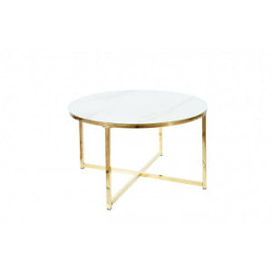 Klubska miza ALMA moderna, lepo se poda v prostore z minimalistično in elegantno ureditvijo. Barva: - Podnožje: zlata - Plošča: beli marmor Material: -