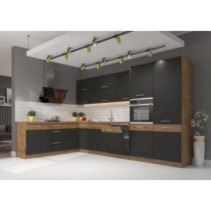 Kotna kuhinja PARIZ 210x350cm je kuhinja, katera bo prinesla svežino v vaš dom. Dobavljiva je v moderni sivi hrast barvi. Debelina delovnega pulta je 28 mm.