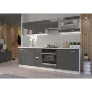 Kuhinjski blok SONJA 260 cm je dobavljiva v belo sivi kombinaciji. Korpusi so iz laminirane plošče debeline 18 mm. Vrata steklene viseče omarice so iz