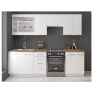 Kuhinjski blok STELLA 240 cm je dobavljiva v beli mat barvi. Debelina delovnega pulta je 28 mm. Kuhinja je izdelana iz oplemenitenih ivernih plošč debeline