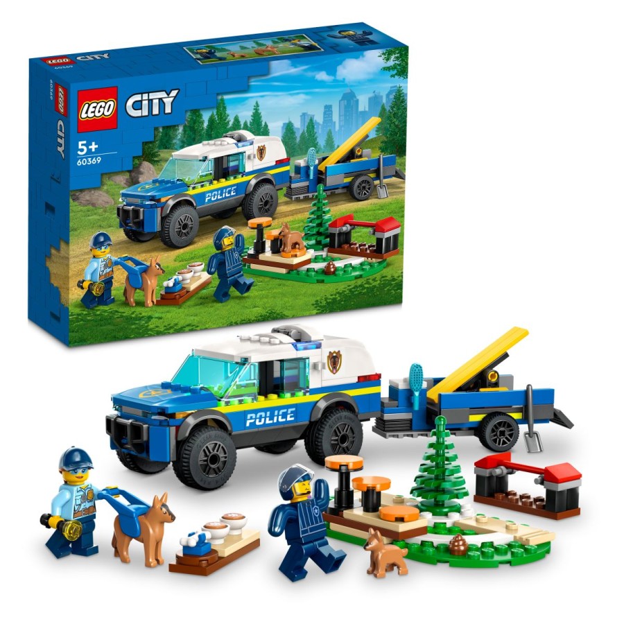 hov! Pridruži se LEGO® City policijski enoti K9 za vzgojo in urjenje psov. Opremo naloži v prikolico. Ne pozabi posodic za hrano! Razburjenemu policijskemu psu in mladičku pomagaj v kulski K9 terenski avto in se odpravi na vadbeni poligon. Na poligonu postavi prevesno gugalnico