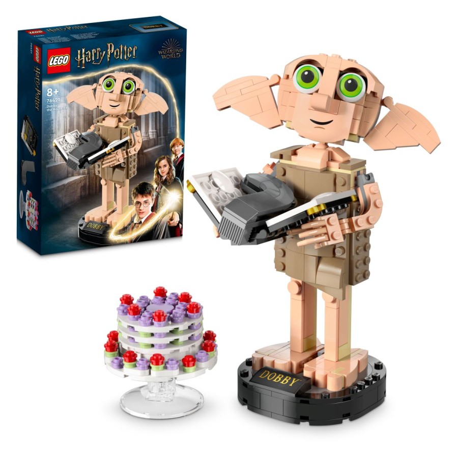 ko sestavljaš prvo figuro iz LEGO® kock hišnega vilinca Dobbyja™! Postavi na razstavno stojalo s ploščico z imenom. Nagni mu glavo