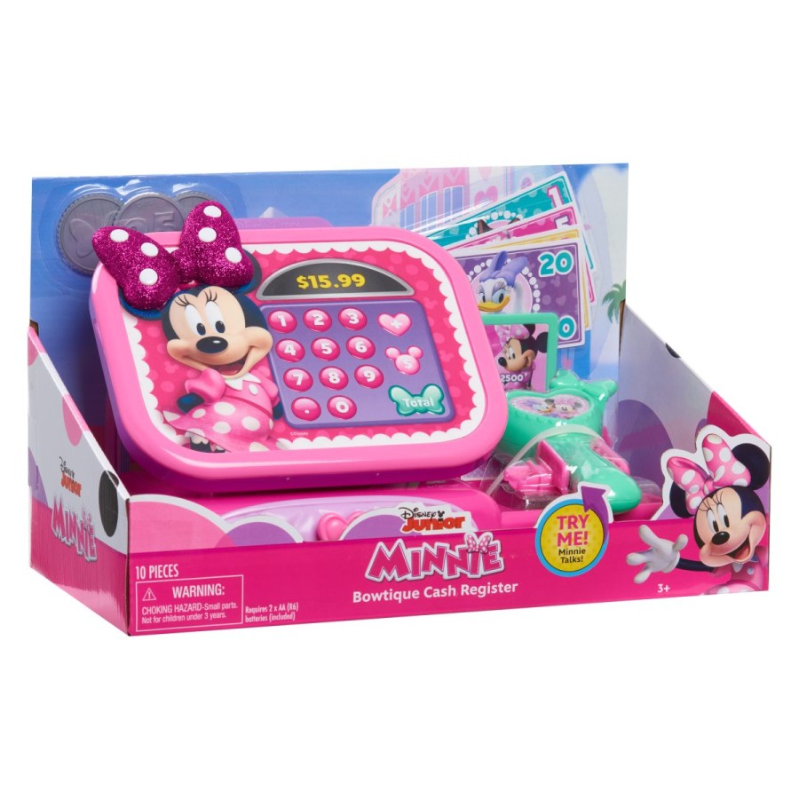 Nakupovalna zabava se nikoli ne konča z Disney Junior Minnie Mouse Bowtique Checkout! Vsebuje zabavne fraze Minnie Mouse in realistične zvoke blagajne