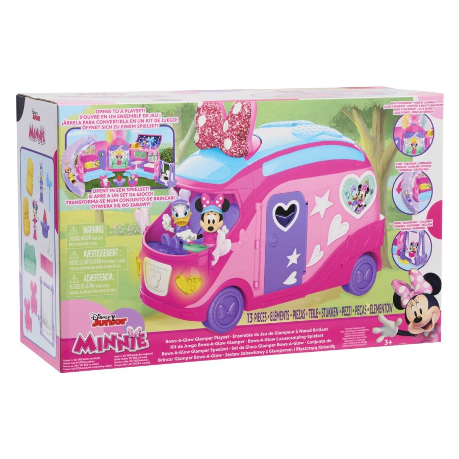 Taborite v stilu z igralnim kompletom in figuricami Minnie Mouse Bows-A-Glow Glamper. Ta avtodom z motivom Minnie Mouse ima bleščeč lok in prosto vrtljiva kolesa vse