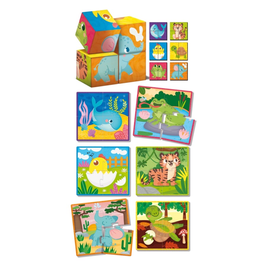 Igra Montessori 2v1 vsebuje 6 sestavljank za zlaganje in 4 lesene kocke za zlaganje – zložite kocke