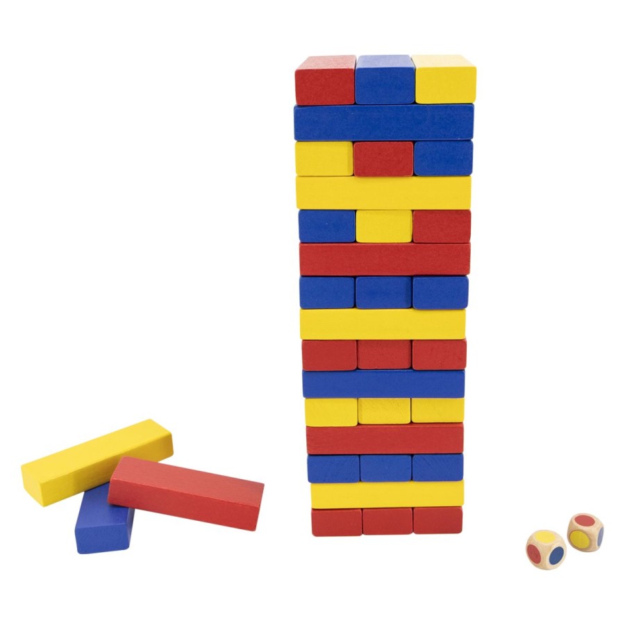 Zabavna in enostavna družabna igra. Na začetku postavi stolp iz lesenih blokov. Nato igralec vrže kocko in  iz stolpa vzame leseni blok enake barve