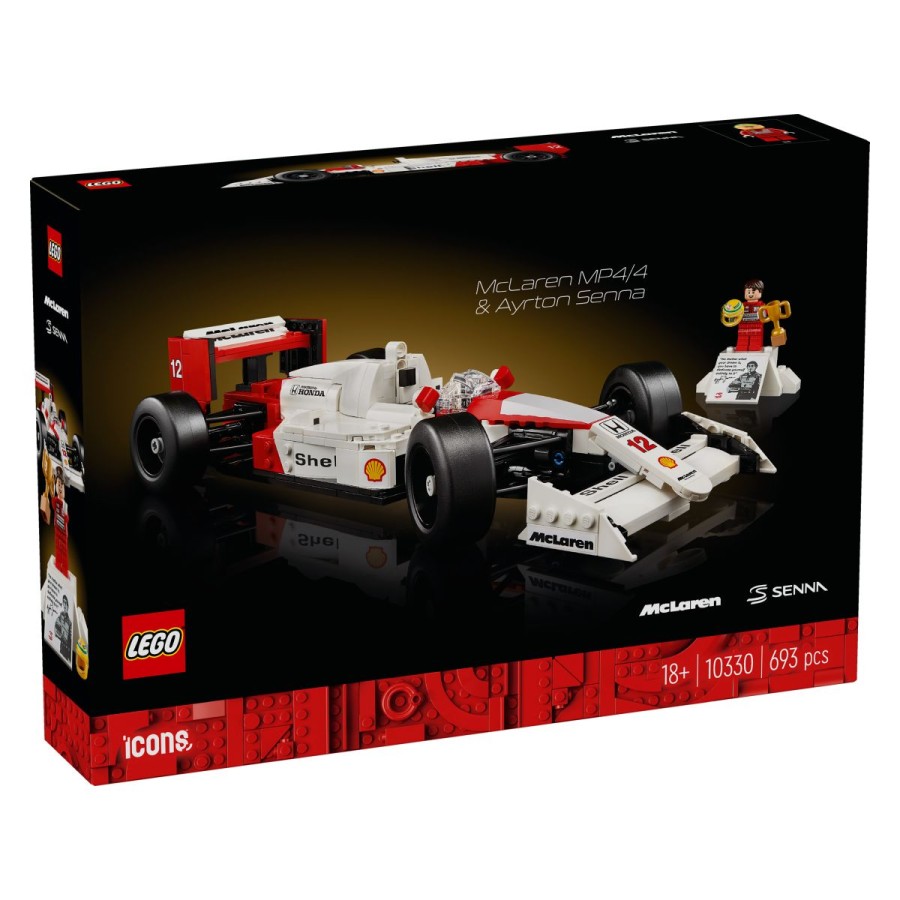 Ovekoveči motoristični svet s sestavljalskim projektom za odrasle LEGO® Ikone. McLaren MP4/4 iz leta 1988 je eden najbolj zmagovitih avtomobilov F1 vseh časov. Razvili smo ga v sodelovanju z znamkama McLaren in SENNA. Model v miniaturnem merilu ima zelo realistične podrobnosti in funkcije. V kompletu sta tudi razstavno stojalo za avto in minifigura Ayrton Senna.