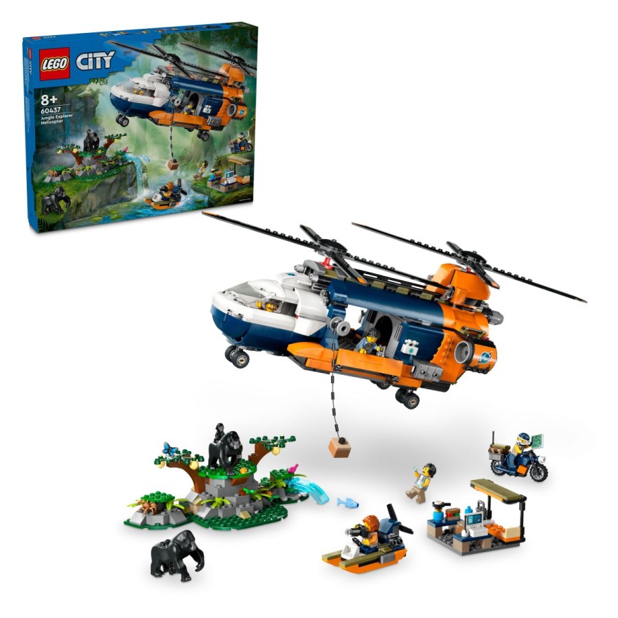 komplet za ljubitelje raziskovalnih igrač. Naredi veselje malemu raziskovalcu s pustolovskim igralnim kompletom za starost 8+ LEGO® City Helikopter v postojanki raziskovalca džungle (60437)