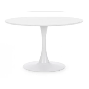 Jedilna miza BLOOM bela je elegantna okrogla jedilna miza, ki je primerna za vsak prostor. Mizna plošča je narejena iz MDF-ja z kovinskimi nogami. Dimenzije:
