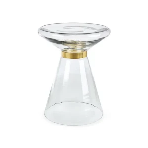 Klubska mizica MERIEL D36 ima stekleni okvir z krasnim obročkom in prrekritim vrhom iz jekla, zlate barve. Material: - Steklo - Jeklo Barva: - Zlata