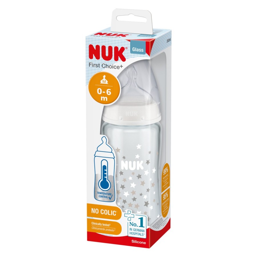 NUK First Choice+ steklena steklenička z indikatorjem temperature in silikonskim cucljem (0-6 mesecev)