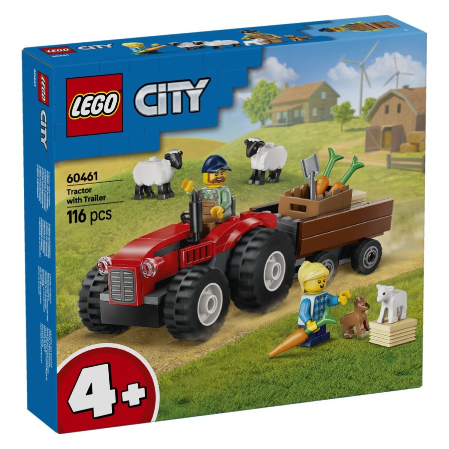 Lego® City Rdeči kmetijski traktor s prikolico in ovčkaKmetu in njegovi hčerki se pridruži na podeželju LEGO® City. Pripni prikolico in naloži senene bale