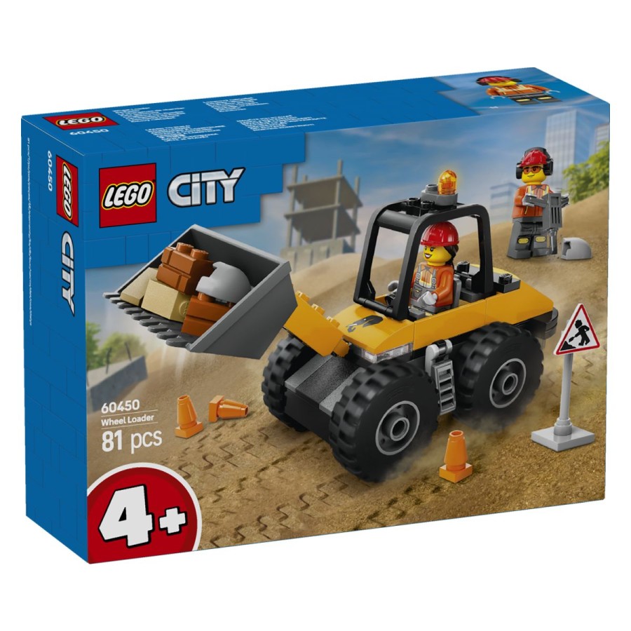 Lego® City Rumeni gradbeni nakladalnik s kolesiOpremi se za akcijo z LEGO® City rumenim gradbenim nakladalnikom s kolesi. Kulski gradbeni stroj ima veliko nakladalno žlico in trpežne pnevmatike za vožnjo po razbrazdanem terenu. Uporabi znak in stožce