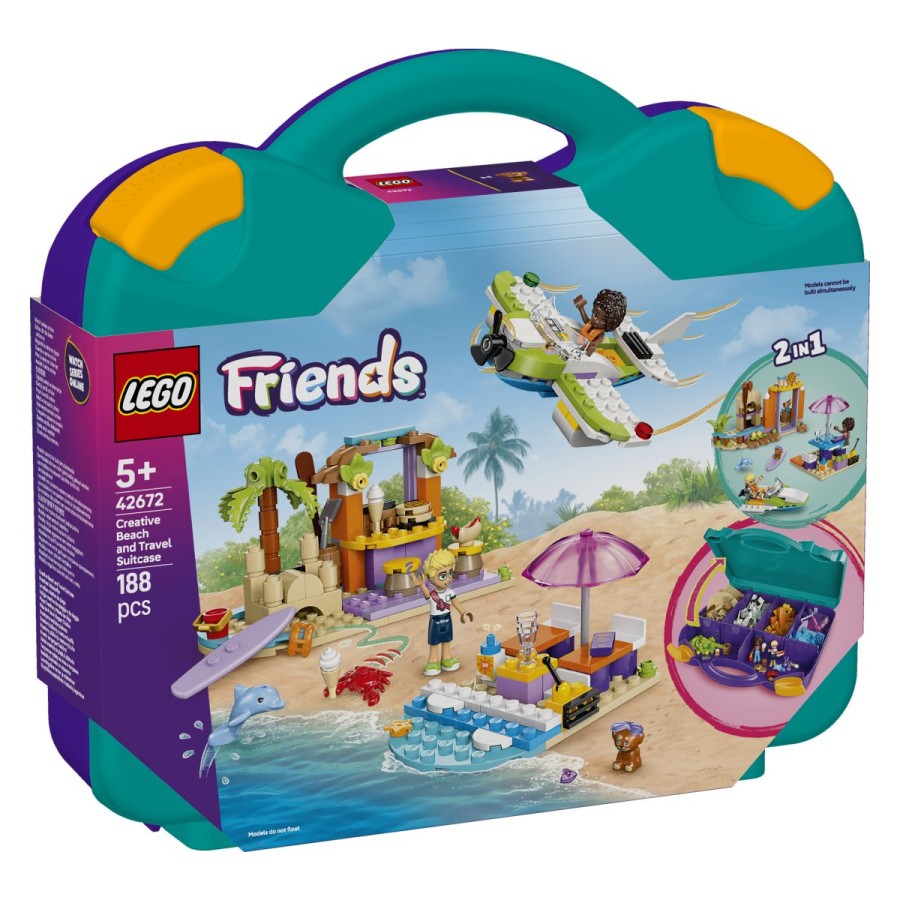 Lego® Friends Ustvarjalni kovček za na plažo in potovanjaVzemi kovček in se pridruži Aliyi in Ollyju na zabavi na plaži! Zapelji se s hidroplanom – tudi psička Aira rad leti. Sproščaj se na plaži ali preizkusi srf in nikar ne pozabi na delfina! Odpravi se na plažo in zgradi peščeni grad ali uživaj v sladoledu. Nato svoje modele znova sestavi v nekaj novega ali delčke pospravi v kovček – pripravljen na naslednjo pustolovščino!Primerno za otroke od 5. leta dalje.