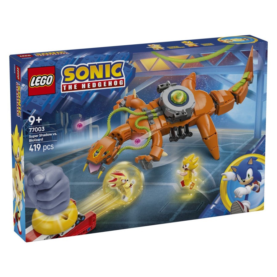 LEGO® Sonic Super Shadow vs BiolizardSpopadi se z Biolizardom! Super Shadowa ali Super Sonica postavi v izstreljevalnik hitrostne krogle in pomagaj obraniti Vesoljsko kolonijo ARK pred Biolizardom. Previdno