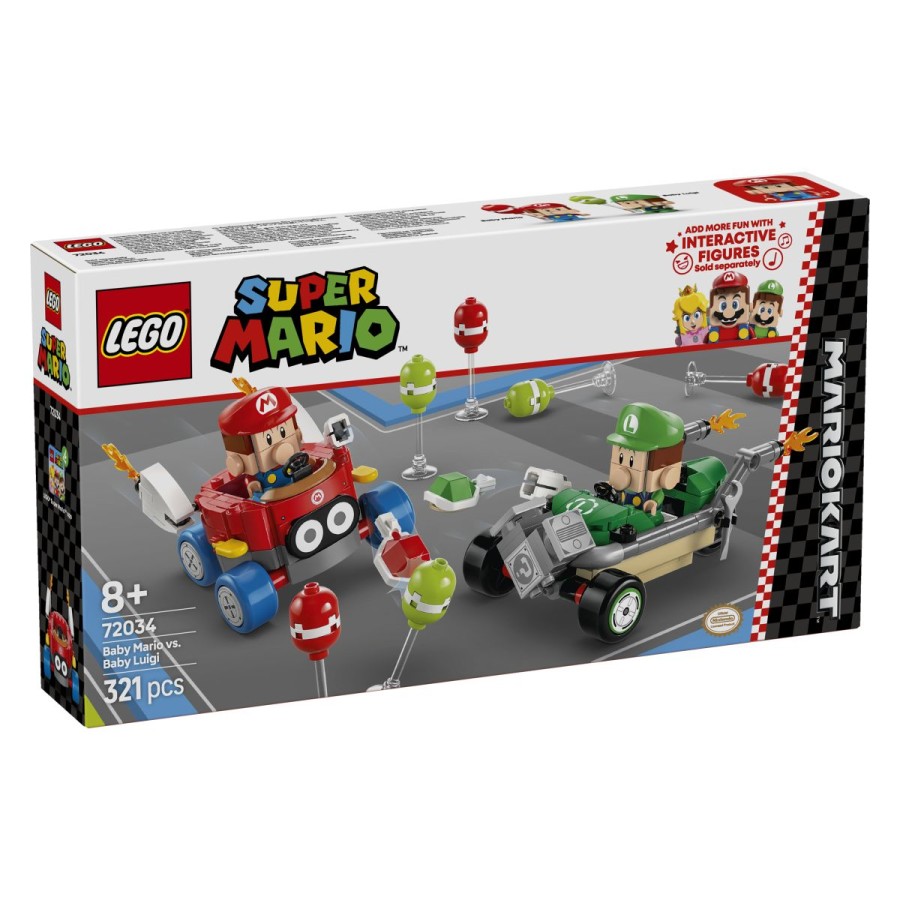 Lego® Super Mario™ Mario Kart™ – Baby Mario vs Baby LuigiZdruži se z Baby Mariom v njegovem Biddybuggyju ali Baby Luigijem v njegovem Tri-Speederju za bitke z balonom Mario Kart™! Ciljaj in izstreljuj školjke – kdo bo prvi podrl vse 3 njihove balone? Vozi vozila s figuro LEGO® Mario™